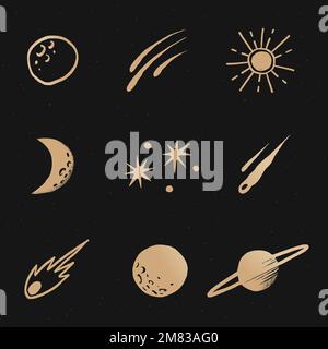 Interstellar star gold vector galaxy doodle illustration sticker Stock Vector