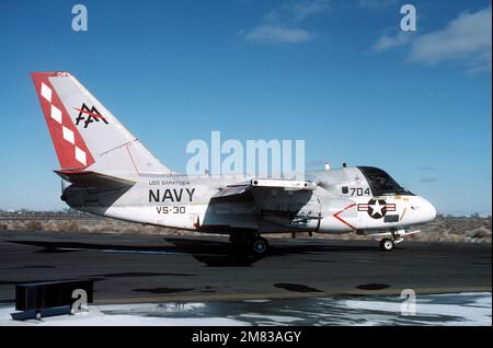 A right side view of an Air Anti-submarine Squadron 30 (VS-30) S-3A Viking aircraft near Naval Air Station, Fallon. State: Nevada (NV) Country: United States Of America (USA) Stock Photo