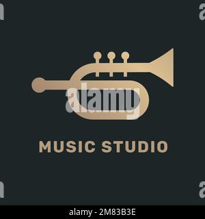 Trumpet flat music logo vector design in black and gold Stock Vector