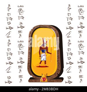 Stone board or clay tablet with falcon headed god and Egyptian hieroglyphs cartoon vector illustration. Ancient object for recording storing information, graphical user interface for game design Stock Vector