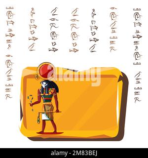 Stone board or clay tablet with falcon headed god and Egyptian hieroglyphs cartoon vector illustration. Ancient object for recording storing information, graphical user interface for game design Stock Vector