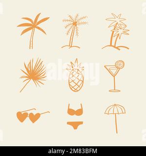 Summer palm trees vector and vacation motifs diary stickers doodle collection Stock Vector