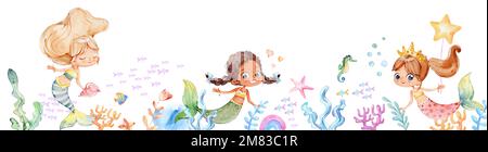 Horizontal Banner with Cute Watercolor Girls Mermaid. Multicultural mermaids, underwater fairy background with fish and sea plants Stock Photo