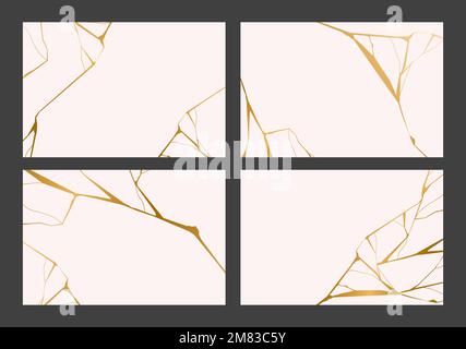 Set of gold kintsugi backgrounds. Crack and broken effects. Marble texture. Luxury design for posters, wall art, wallpaper, wedding card, social media Stock Vector
