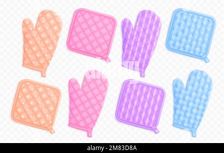 Kitchen mittens and potholders, fabric holders for cooking. Template of textile oven mitts and gloves with polka, striped and checkered pattern, vector realistic illustration Stock Vector