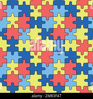 Autism puzzles pattern. Seamless background with outline colorful yellow, blue and red puzzle pieces. World Autism Awareness Day April 2. Vector illus Stock Vector