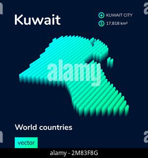 Kuwait 3D map. Stylized neon simple digital isometric striped vector Map of Kuwait is in green, turquoise and mint colors on the dark blue background Stock Vector