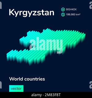 Kyrgyzstan 3D map. Stylized neon simple digital isometric striped vector Map is in green, turquoise and mint colors on the dark blue background Stock Vector