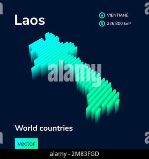 Laos 3D map. Stylized neon simple digital isometric striped vector Map is in green, turquoise and mint colors on the dark blue background Stock Vector