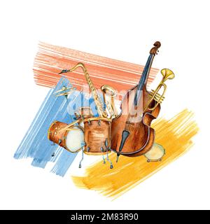 Composition of drum kit, saxophone, contrabass and paint stroke watercolor illustration isolated. Jazz band, tambourine hand drawn. Design element for Stock Photo