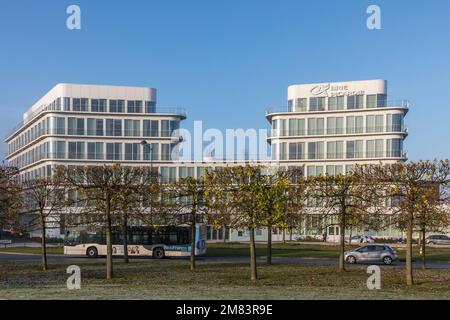 CREDIT AGRICOLE BANK BRIE PICARDIE AND SIMONE VEIL TRAFFIC CIRCLE, CHESSY, VAL D'EUROPE, MARNE LA VALLEE, SEINE ET MARNE (77), FRANCE, EUROPE Stock Photo