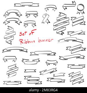set of ribbon banner illustration vector hand drawn isolated on white background line art. Stock Vector