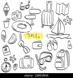 travel set illustration vector hand drawn isolated on white background line art. Stock Vector