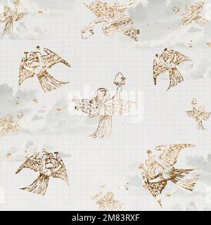 Vintage angel pattern vector background, angel playing on bells, remixed from artworks by Sir Edward Coley Burne&ndash;Jones Stock Vector