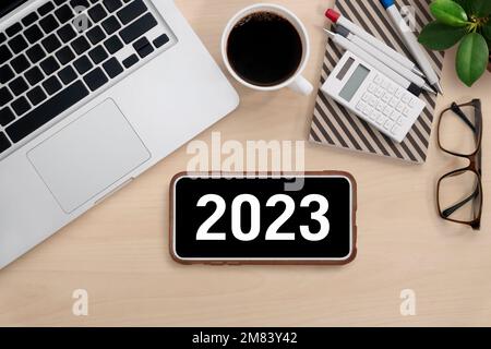 2023 on Smartphone for Planner and organizer to plan and reminder daily appointment. Stock Photo