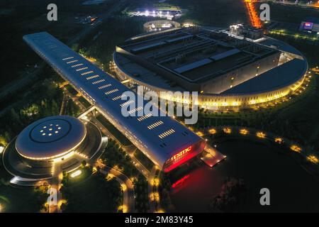 NANJING, CHINA - AUGUST 10, 2022 - (FILE) Aerial photo shows the night view of the Taiwan Semiconductor Manufacturing plant in Pukou district of Nanji Stock Photo