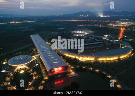 NANJING, CHINA - AUGUST 10, 2022 - (FILE) Aerial photo shows the night view of the Taiwan Semiconductor Manufacturing plant in Pukou district of Nanji Stock Photo