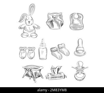 Hand-drawn sketch set of baby and infant items. vector illustration  Pacifier, diapers, baby feeding bib, knitted baby on white background Stock Vector