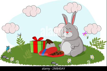 Cute bunny eats candy and enjoys chocolate Stock Vector