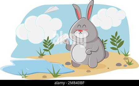 Cute bunny launches a paper airplane on a nice sunny day Stock Vector