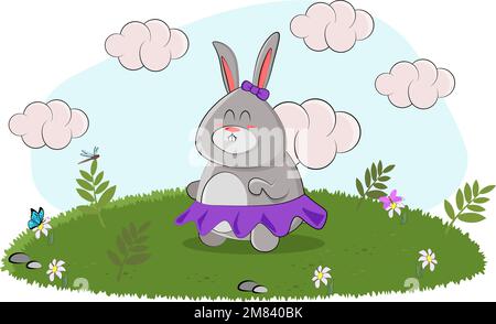 Cute bunny in a purple dress and a bow on a beautiful nature Stock Vector