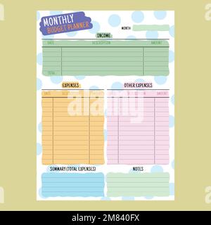 monthly budget planner with color drawn columns and handwritten style inscriptions Stock Vector