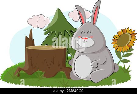 Cute bunny found a tree stump in the forest to knock on it Stock Vector