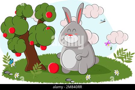 A cute bunny found a big apple tree and admires it in the forest Stock Vector