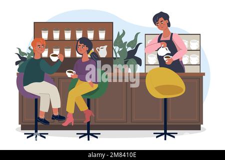 people drink coffee in bar barista preparing coffee vector illustration Stock Vector
