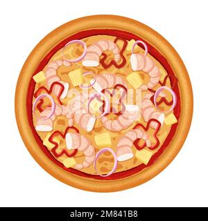pizza with shrimp pineapple sweet peppers and onions Stock Vector