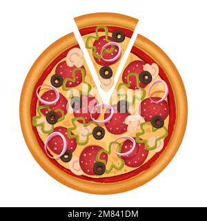 pizza with smoked sausage sweet peppers olives and mushrooms and a slice of pizza Stock Vector