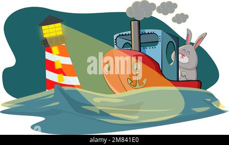 Cute bunny follows the light on the ship that illuminates the lighthouse Stock Vector