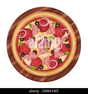 meat pizza with onions olives and basil on a wooden stand. Stock Vector