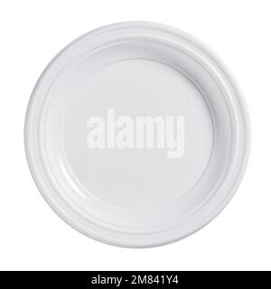 Disposable plastic plate isolated on a white background, top view Stock Photo