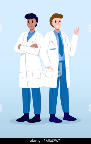 Medical Team . Male doctors with white coat . Cartoon characters . Vector . Stock Vector