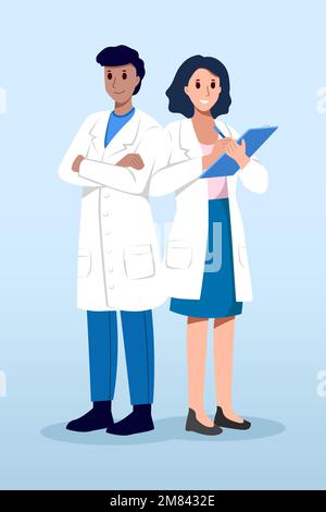 Medical Team . Male and female doctors with white coat . Cartoon characters . Vector . Stock Vector