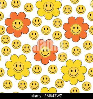 Y2k seamless retro style floral pattern. Yellow and orange colored emoji and flowers for textile. Stock Vector