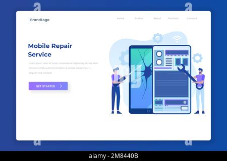 Mobile repair service landing page concept. Illustration for websites, landing pages, mobile applications, posters and banners. Stock Vector