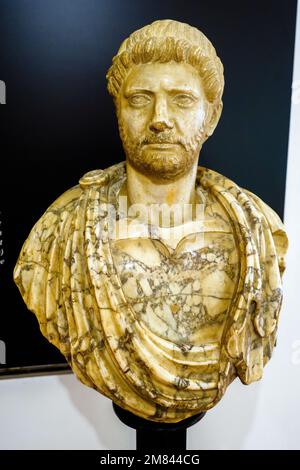 Imerial Bust. Portrait of a man made in white marble with large crystals and grey streaks. First half of the Second century AC - Archaeological Museum 'Pietro Griffo' of Agrigento - Sicily, Italy Stock Photo