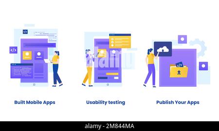 Built mobile apps concept vector illustration set. Illustrations for websites, landing pages, mobile applications, posters and banners. Stock Vector