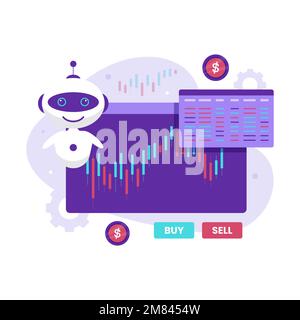 Robot automatic stock trading illustration design concept. Illustration for websites, landing pages, mobile applications, posters and banners. Stock Vector