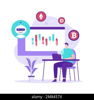 Crypto trading bot illustration design concept. Illustration for websites, landing pages, mobile applications, posters and banners. Stock Vector