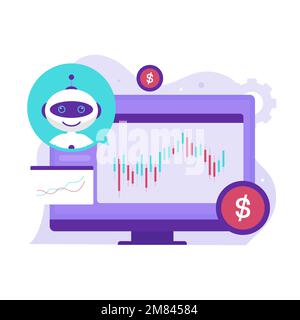Robot automatic stock trading illustration design concept. Illustration for websites, landing pages, mobile applications, posters and banners. Stock Vector
