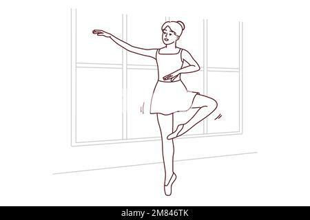 Young woman in tutu dancing in school. Smiling girl in dress practice ballerina moves indoors. Hobby and entertainment. Vector illustration.  Stock Vector