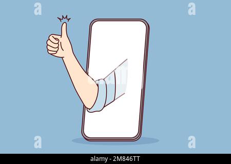 Mobile phone and thumb up symbolizing approval of good app or website. Smart phone with hand in display for recommendation using cool application for chatting or sharing photos. Flat vector design  Stock Vector
