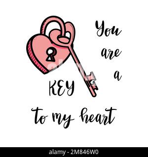 Cute Valentines banner, greeting card design with text lettering vector illustration. You are a key to my heart Stock Vector