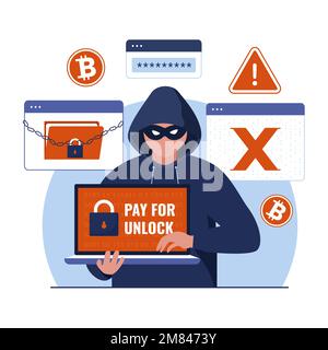 Ransomware with hacker attack illustration concept. Illustration for websites, landing pages, mobile applications, posters and banners. Trendy flat ve Stock Vector