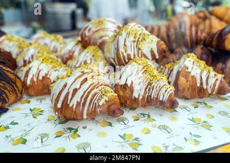 Kuala Lumpur, Malaysia - December 11th, Croissants and baked pastries on display at cafe. Stock Photo
