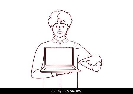 Smiling young man point at modern laptop with mockup screen. Happy male show contemporary computer. Tech and gadget application. Vector illustration.  Stock Vector