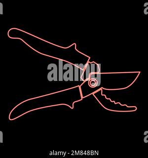 Neon secateur garden pruner pruning shears Clippers Hand scissors Manual cutting red color vector illustration image flat style light Stock Vector